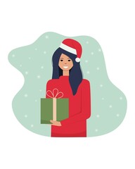 Girl in a Christmas hat with a gift in her hands. Can be used to decorate an article, banner, flyer.