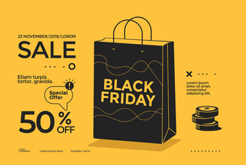 Black Friday Sale, modern poster design with shopping bag and coins. Vector discount banner