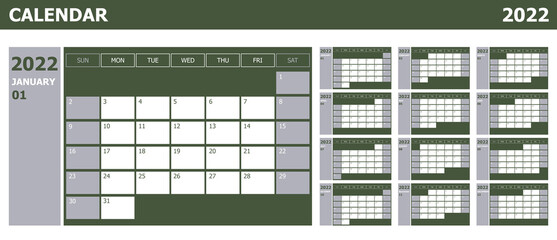 Calendar 2022 week start Sunday design planner with green and grey