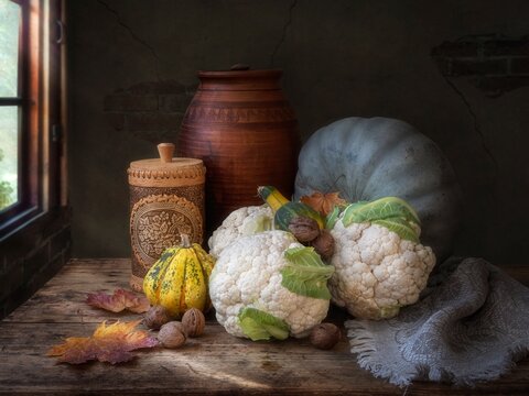 Still life with vegetables and walnuts