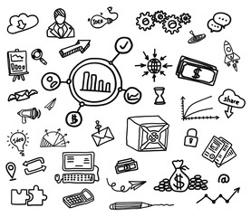 Hand drawn set of business and finance elements, coin, calculator, piggy, money. Comic doodle sketch style. Business element drawn by digital brush-pen. Vector illustration. 