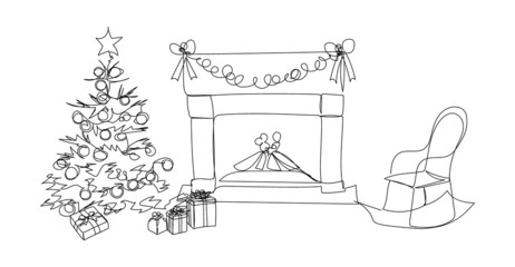 Fireplace, Christmas tree, gifts and rocking chair one line art. Continuous line drawing of new year holidays, christmas house, celebration, decoration.