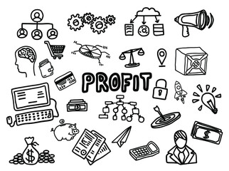 Fototapeta premium Hand drawn set of business and finance elements, coin, calculator, piggy, money. Comic doodle sketch style. Business element drawn by digital brush-pen. Vector illustration. 