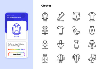 Fototapeta na wymiar Clothing thin line icons set: shirt, shoes, pants, hoodie, sneakers, shorts, underwear, dress, skirt, jacket, coat, socks. Modern vector illustration.
