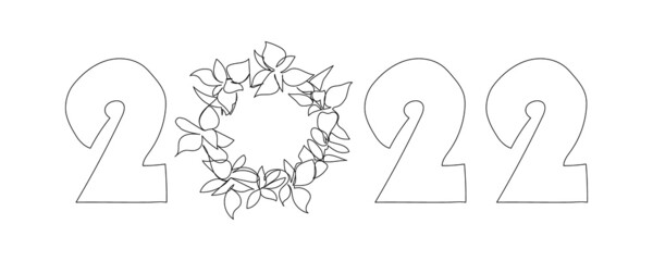 Happy new 2022 year greetings card with Christmas wreath one line art. Continuous line drawing of new year holidays, christmas, congratulations, weekend, celebration.