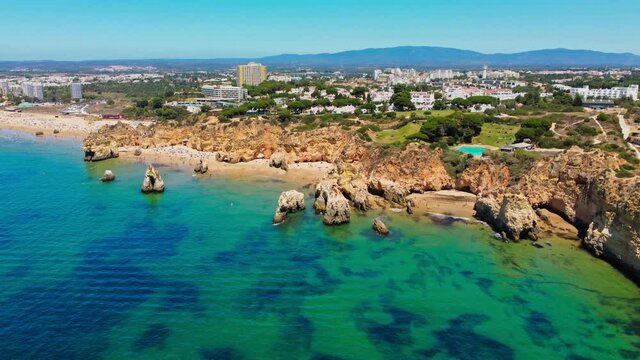 Aerial view of Praia dos Tres Irmaos beach, Algarve, Portugal