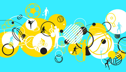 Sports background design with abstract modern template. Vector illustration of sport players in different activities. football, basketball, baseball, tennis, rugby, bicycling - 468927853