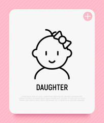 Baby girl with bow thin line icon. Modern vector illustration of newborn.
