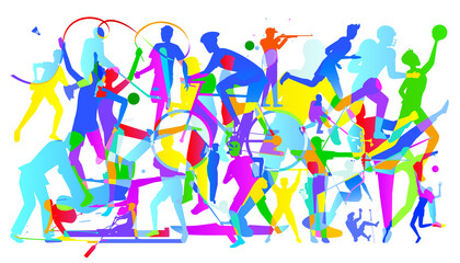 Sports background design with abstract modern template. Vector illustration of sport players in different activities. football, basketball, baseball, tennis, rugby, bicycling