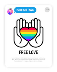 LGBT symbol, rainbow heart in hands thin line icon. Modern vector illustration.