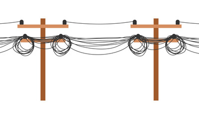 Electrical wires and telephone internet cable on electric voltage power pole messy tangled icon flat vector design.