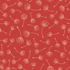 Dandelion seeds seamless repeat pattern. Random placed, vector flying blowballs all over surface print on red background.