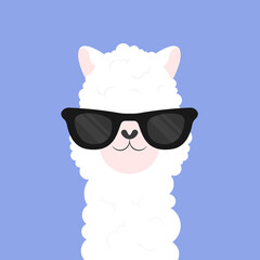 Cute cartoon llama in glasses. Animal portrait. Alpaca vector illustration isolated on background © simmivec