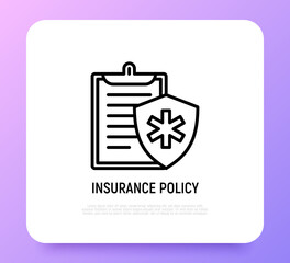 Insurance policy thin line icon: document with sign of health protection. Modern vector illustration.