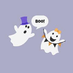 Halloween cute ghosts. Text Boo! Greeting card. Flat design. Vector illustration