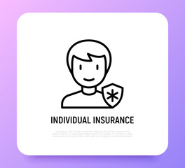 Individual medical insurance thin line icon. Man with medical shield. Modern vector illustration.