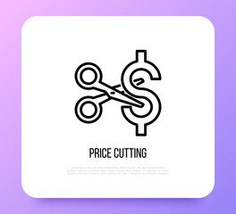 Cut price thin line icon: scissors cutting dollar sign. Special offer. Modern vector illustration.