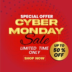  Up to 50% off for Cyber Monday Sale advertisement concept. and golden color , Colorful sale vector illustration.
