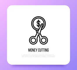 Cut price thin line icon: scissors cutting dollar coin. Special offer. Modern vector illustration.