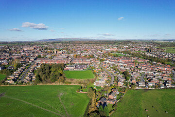 Aerial view of traditional housing estate in England. Looking down birds eye, like a miniature village. Estate agent.