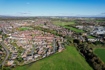Aerial view of traditional housing estate in England. Looking down birds eye, like a miniature...