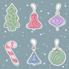 Christmas vector set ornament for fire tree: candy cane, xmas ball