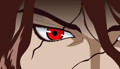 Anime guy face close up with red eyes. Banner for anime, manga, cartoon