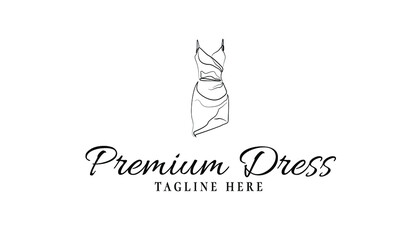 Dress logo design template element. Women fashion store brand identity. Feminine dress logo vector design. Aesthetic dress line art illustration. Minimal and modern fashion logo inspiration.