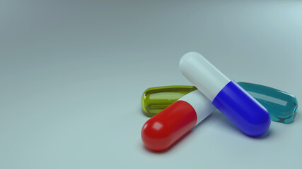 3d medical illustration of capsules and pills in cool colours