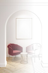 A sketch becomes a real light classic interior with illuminated blank vertical porter over two burgundy armchairs and a coffee table, arch, white walls, parquet floor. Front view. 3d render