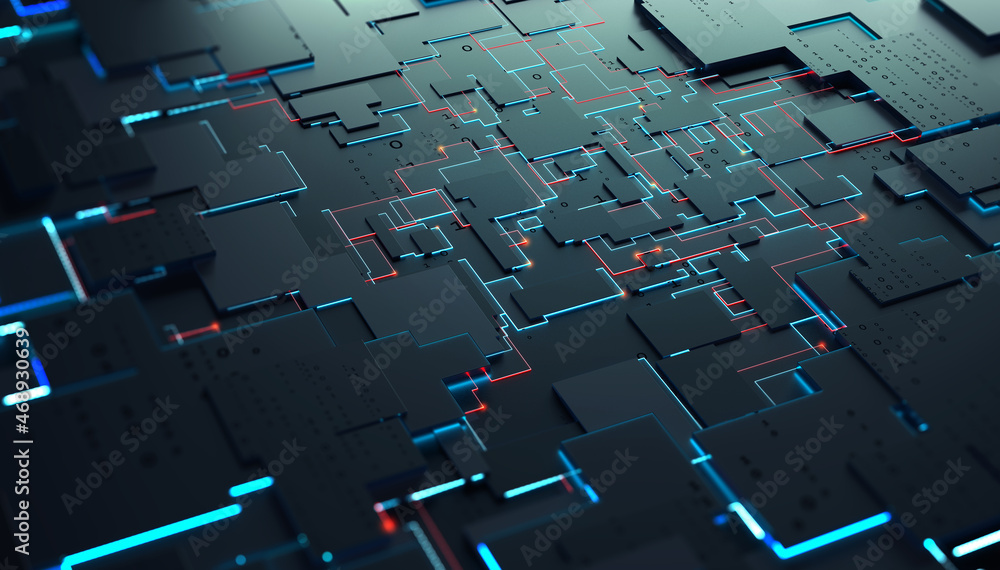 Aufkleber Cyber architecture 3D illustration. Nano, neuro technologies, internet structures. Microchip, circuit, smart object. Quantum Processor and Big Data Analysis