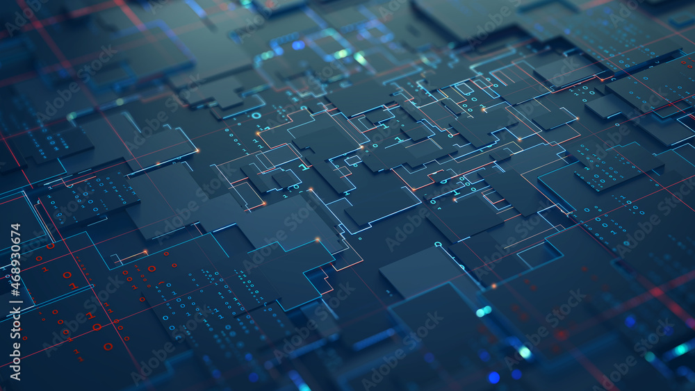 Poster Cyber architecture 3D illustration. Nano, neuro technologies, internet structures. Microchip, circuit, smart object. Quantum Processor and Big Data Analysis