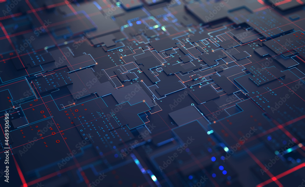 Poster Digital technology innovation. Cyber impulse 3D illustration. Electron path, nanoplatform. Neural network, quantum processor. Plates, board, circuit. Big data, binary code, cross-platform programming