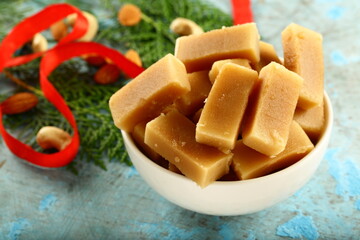 Mysore pak- Homemade Indian traditional sweets and desserts background.