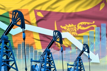 lowering down chart on Sri Lanka flag background - industrial illustration of Sri Lanka oil industry or market concept. 3D Illustration