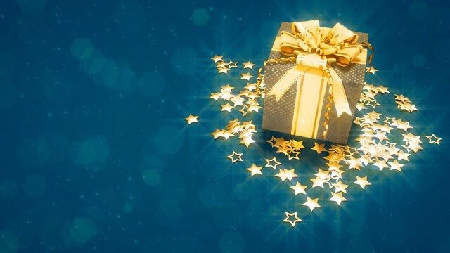 nice gift with goldish stars on blue - xmas concept - abstract 3D illustration