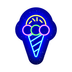 Neon color ice cream icon line. Midnight blue. Ice cream balls design in cone with neon. Realistic neon icon. There is mask area on White Background.