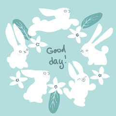 an illustration with cute white bunnies and flowers.