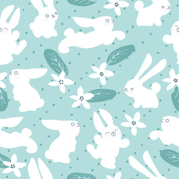 Seamless pattern with the image of cute bunnies surrounded by white flowers.