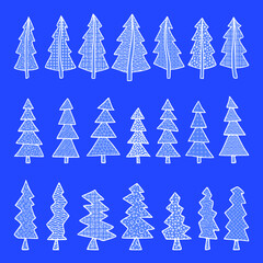Fototapeta premium Set of stylized Christmas trees, abstract imitation. Different textures, hand-drawing. Vector illustration.