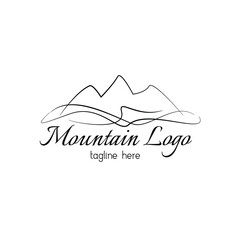 Line art mountain logo template. Wind and mountain brand identity illustration. Aesthetic modern logo design element. Black and white monoline mountain element. Landscape corporate branding identity.
