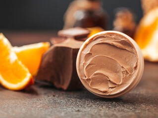 Chocolate face and body butter cream. Homemade spa cosmetic recipe. DIY cosmetics. Spa treatments.