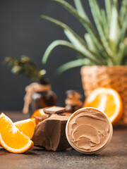 Chocolate face and body butter cream. Homemade spa cosmetic recipe. DIY cosmetics. Spa treatments.