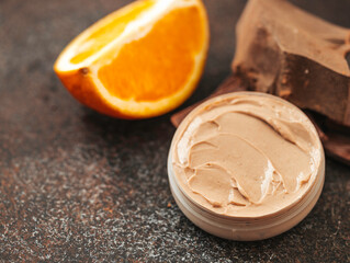 Chocolate face and body butter cream. Homemade spa cosmetic recipe. DIY cosmetics. Spa treatments.