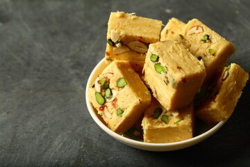 Delicious homemade soan papdi sweets from India,