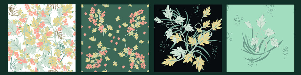 Fototapeta premium A set of hand-drawn floral seamless patterns.Vector design for paper, cover, fabric, interior decor and other users