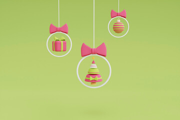 Christmas Decorations with Christmas tree ,gift boxes and balls.3d render illustration.