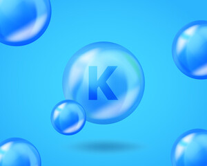 3D Mineral K Potassium drop pill capsule. Blue nutrition design for beauty, cosmetic, heath advertising. Realistic mineral complex K Potassium design.