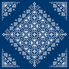 Bosnia and Herzegovina ethnic folk art vector pattern styled as the old Zmijanje embroidery design with square ornament and corners in white on navy blue
