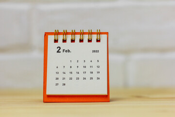Desktop calendar for February 2022.Calendar for planning for the month.